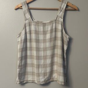 Isaac Mizrahi Beige Plaid Square-Neck Tank Top Size M Cotton/Linen blend